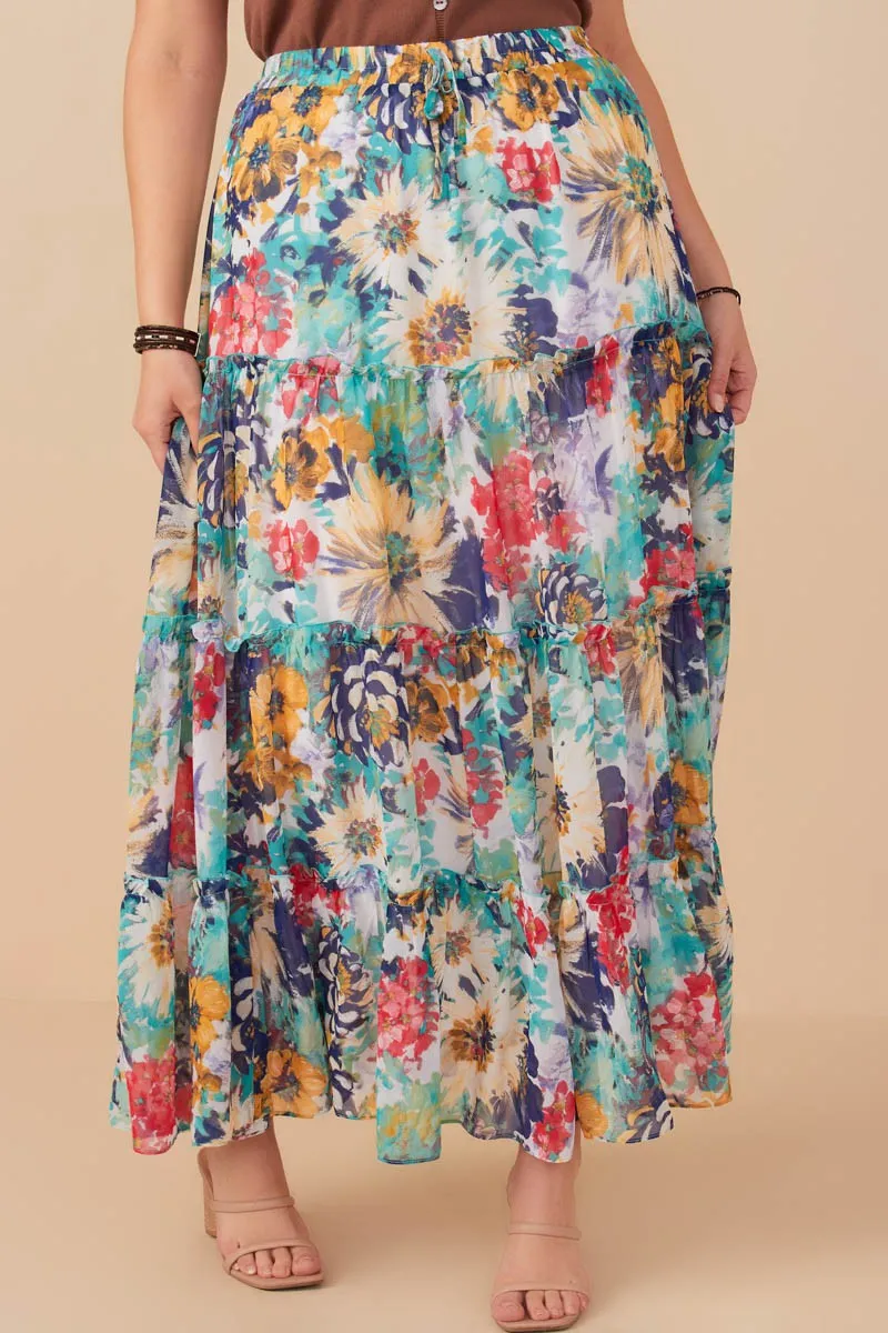 Plus Vivid Floral Tiered Chiffon Maxi Skirt