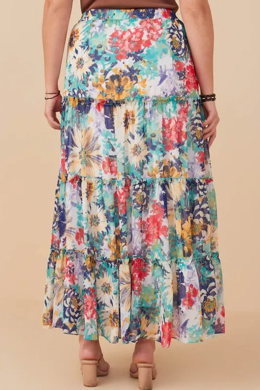 Plus Vivid Floral Tiered Chiffon Maxi Skirt