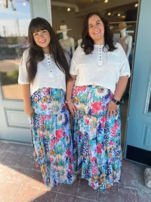 Plus Vivid Floral Tiered Chiffon Maxi Skirt