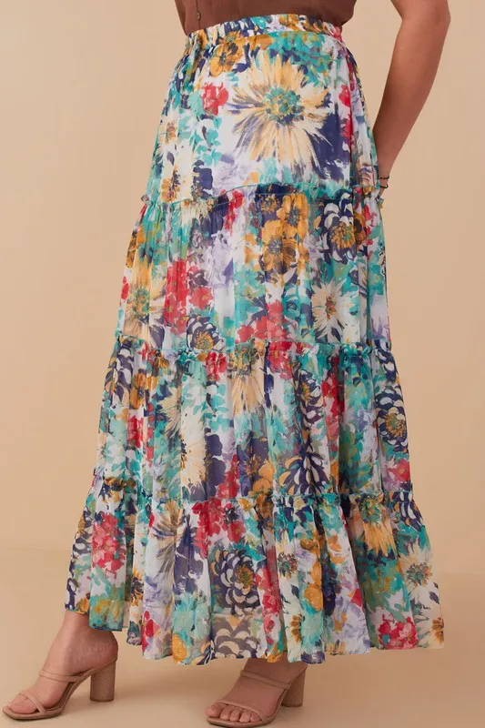 Plus Vivid Floral Tiered Chiffon Maxi Skirt