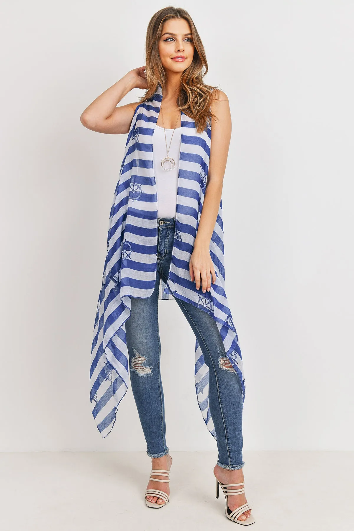 PN222X100 - PRINTED STRIPE BLUE SHEEP WHEEL KIMONO VEST