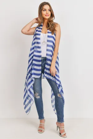 PN222X100 - PRINTED STRIPE BLUE SHEEP WHEEL KIMONO VEST
