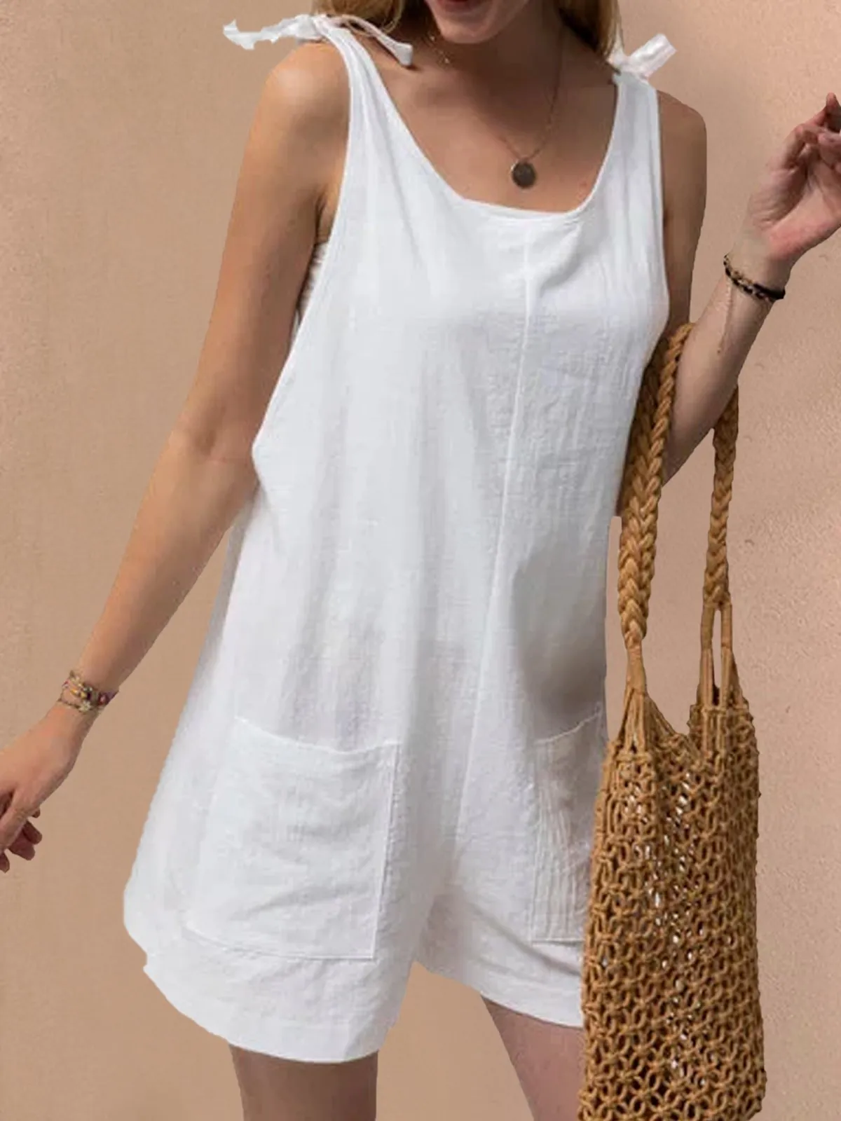Pockets Sleeveless Casual Linen Rompers