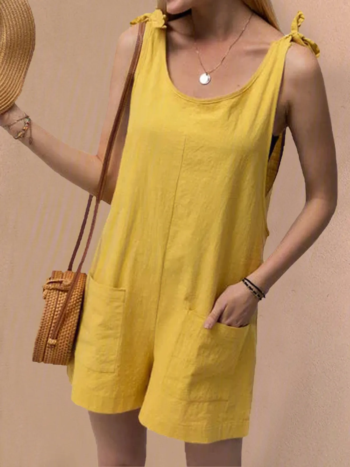 Pockets Sleeveless Casual Linen Rompers