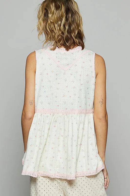 POL Lace Detail Floral V-Neck Sleeveless Top