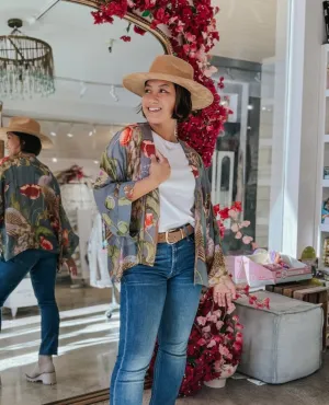 Poppies and Peacocks Short Kimono