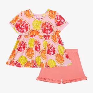 Posh Peanut Citrine Basic S/S Peplum Top & Ruffled Short Set