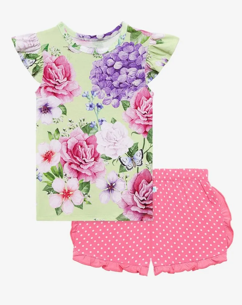 Posh Peanut Georgina Basic Ruffled Capsleeve Top & Ruffled Varsity Short