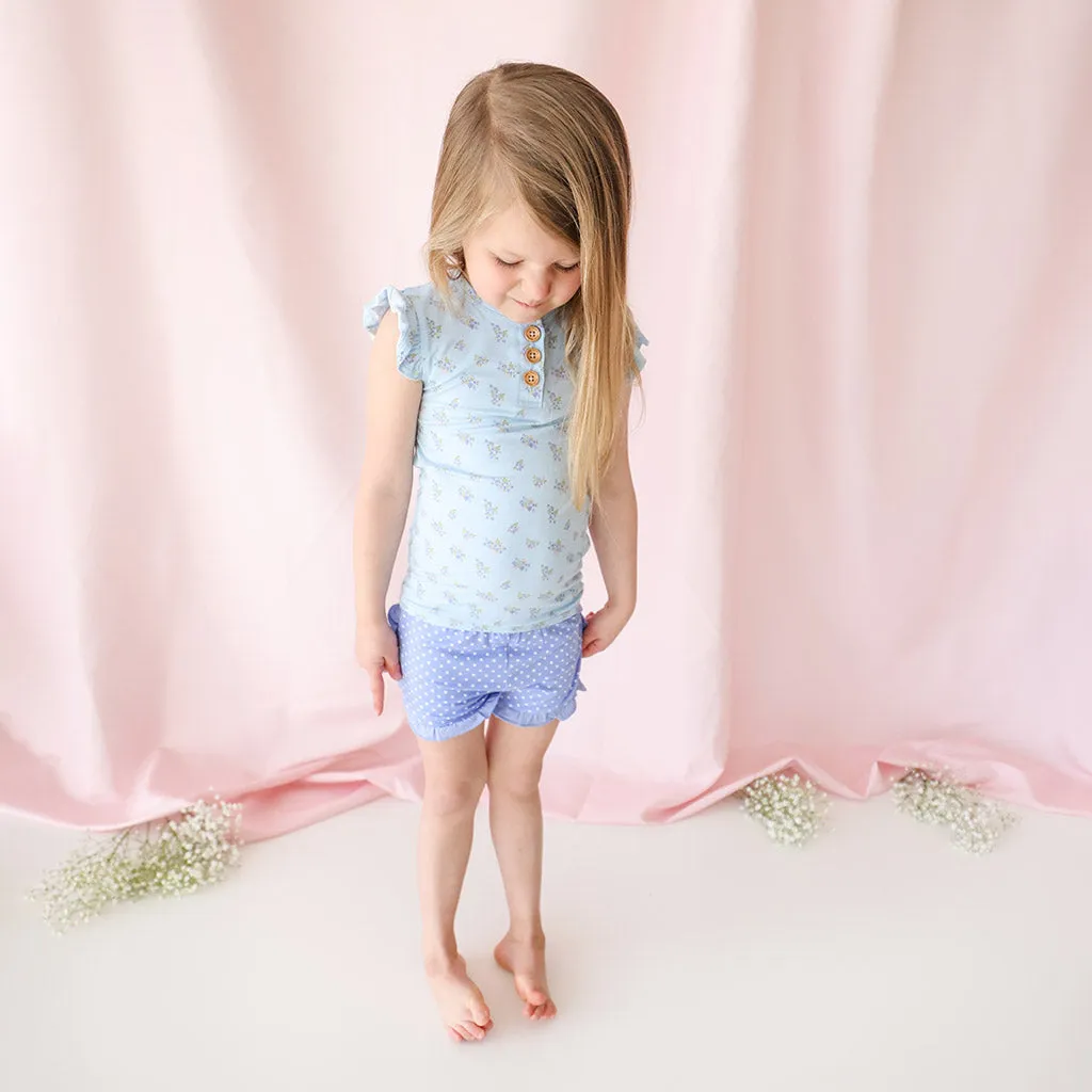 Posh Peanut Grace Henley Ruffled Capsleeve Top & Ruffled Varsity Short