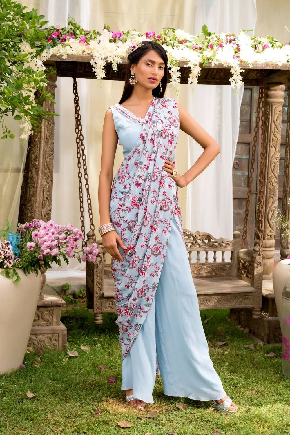 Powder Blue Printed One Off Shoulder Cowl Top With Palazzo And Belt