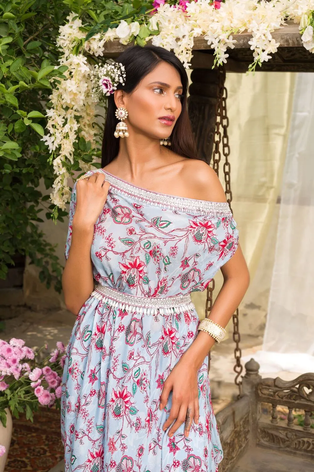 Powder Blue Printed One Off Shoulder Cowl Top With Palazzo And Belt