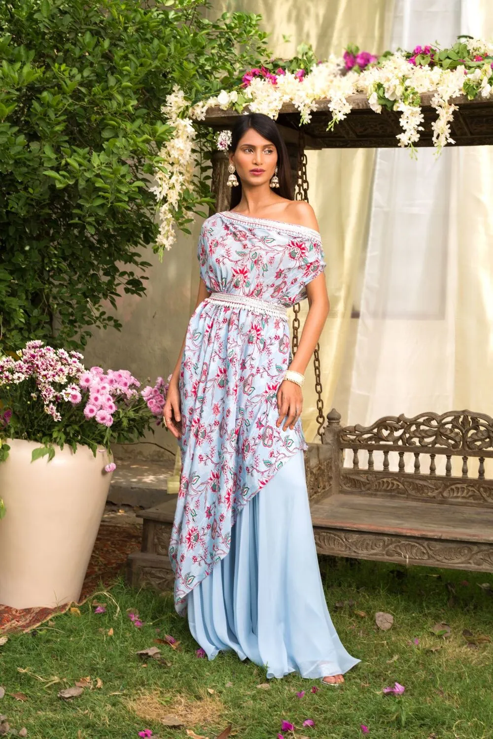 Powder Blue Printed One Off Shoulder Cowl Top With Palazzo And Belt
