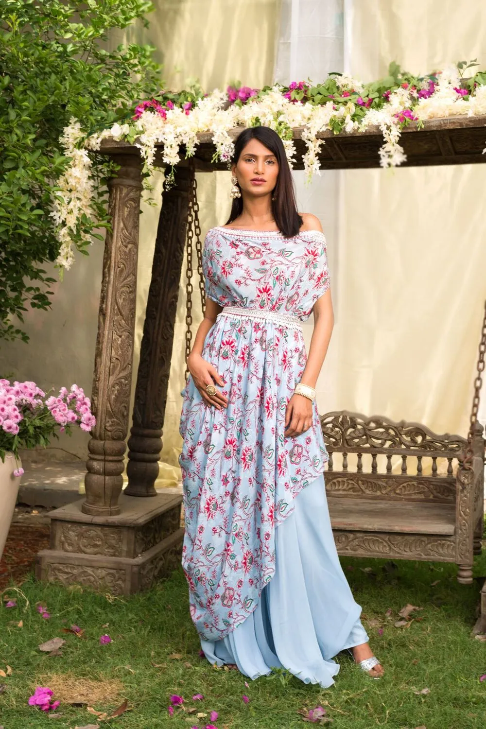 Powder Blue Printed One Off Shoulder Cowl Top With Palazzo And Belt