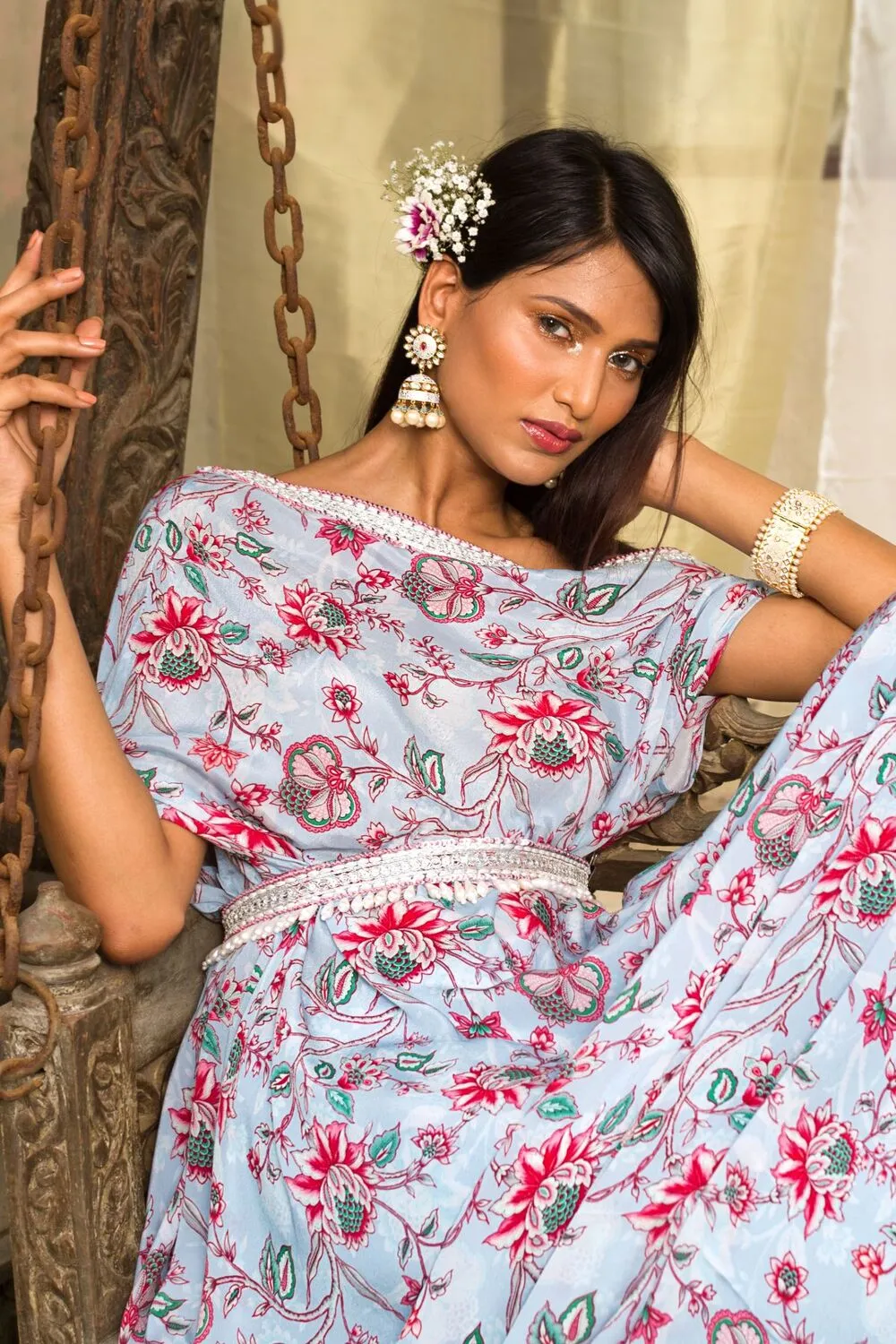 Powder Blue Printed One Off Shoulder Cowl Top With Palazzo And Belt