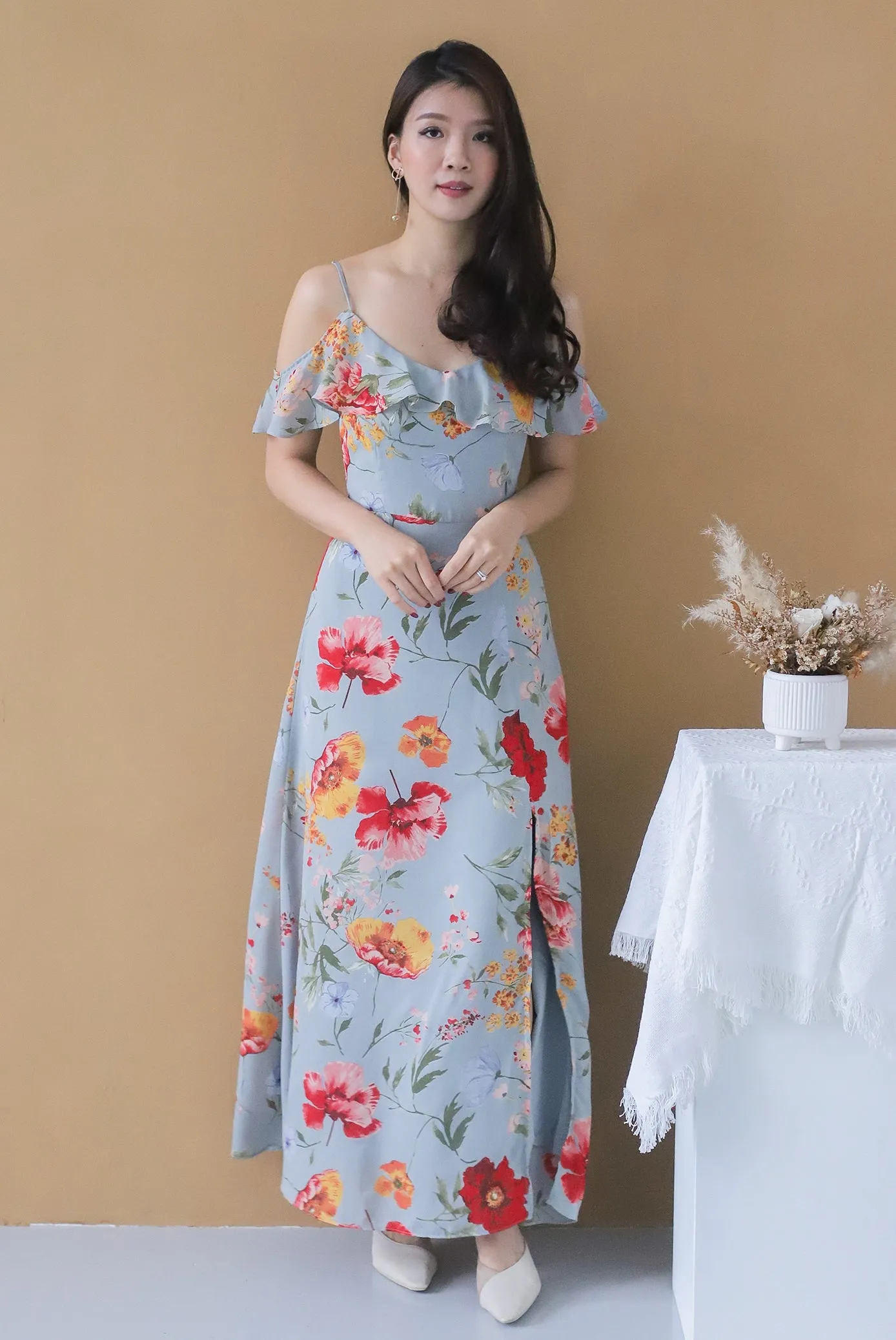 *Premium* TDC Elessa Cold Shoulder Maxi Dress In Ash Blue