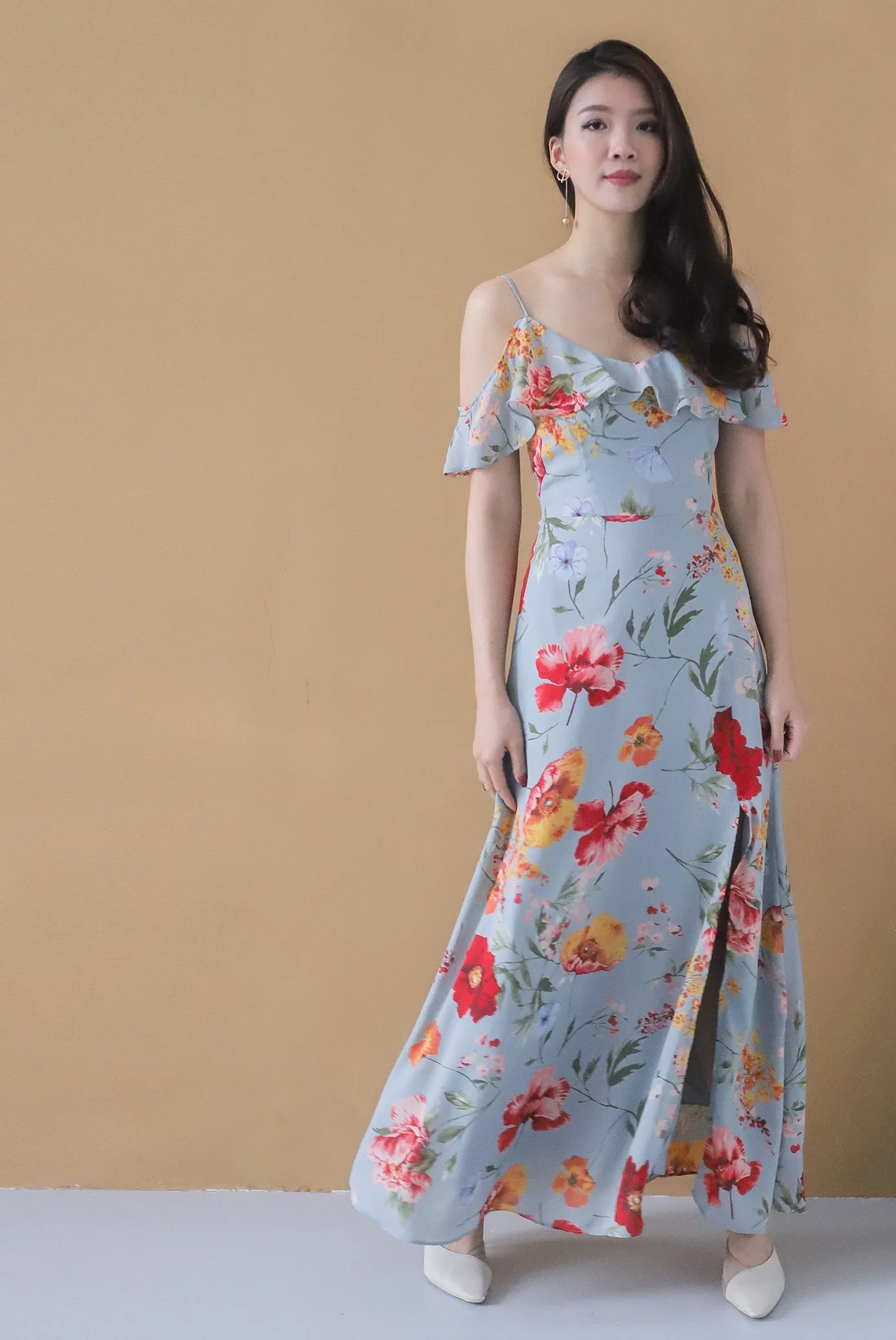 *Premium* TDC Elessa Cold Shoulder Maxi Dress In Ash Blue