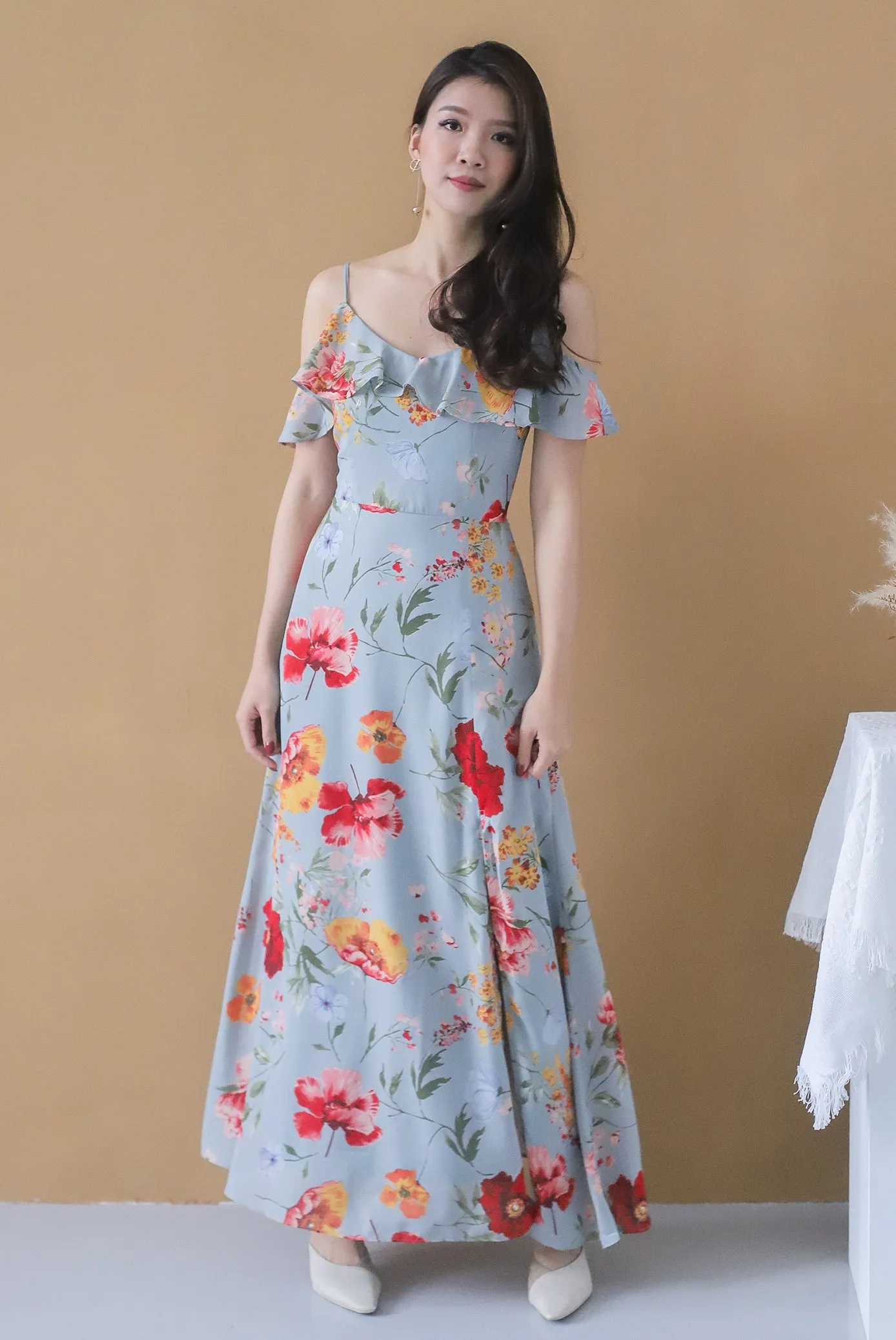 *Premium* TDC Elessa Cold Shoulder Maxi Dress In Ash Blue