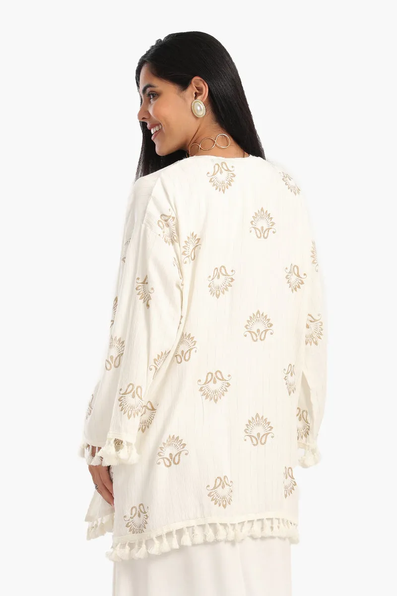 Printed Cardigan with Fringes