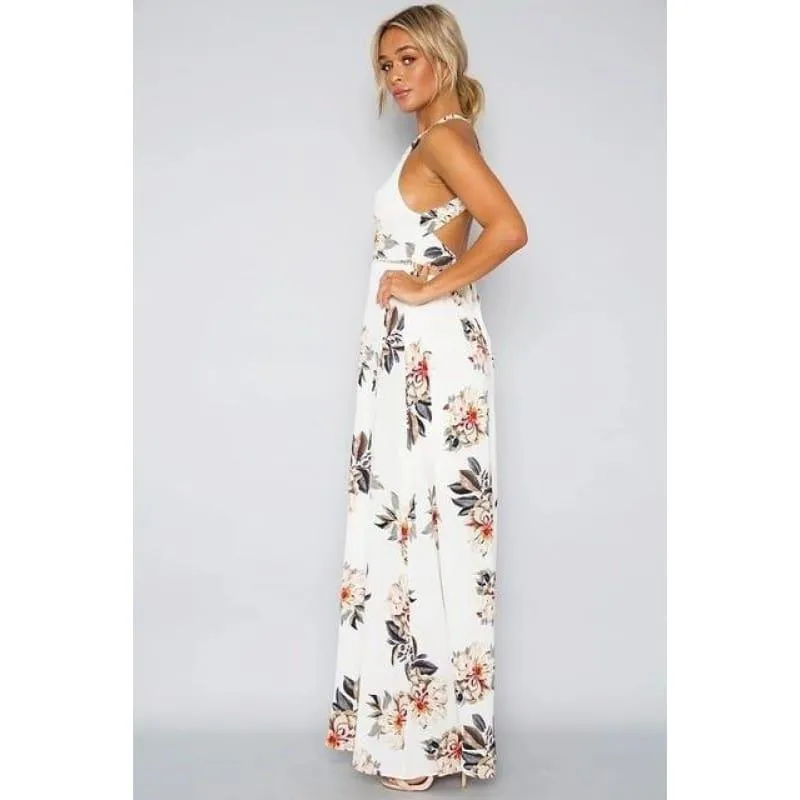 Printed Floral Halter Chiffon Backless Summer Maxi Dress