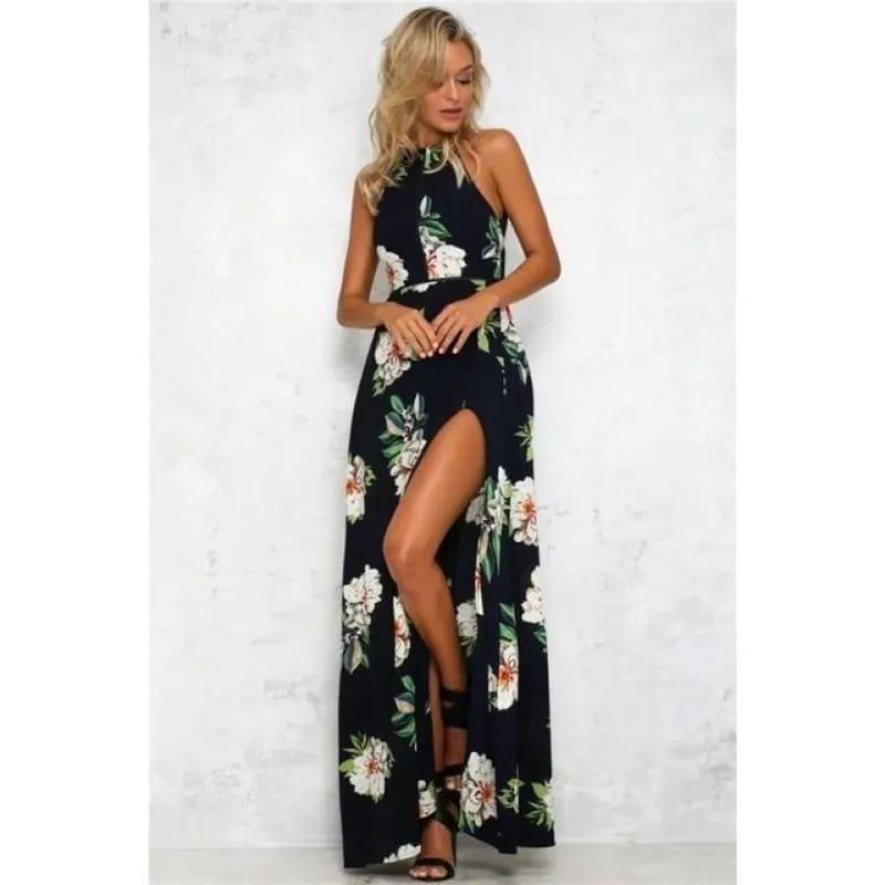 Printed Floral Halter Chiffon Backless Summer Maxi Dress