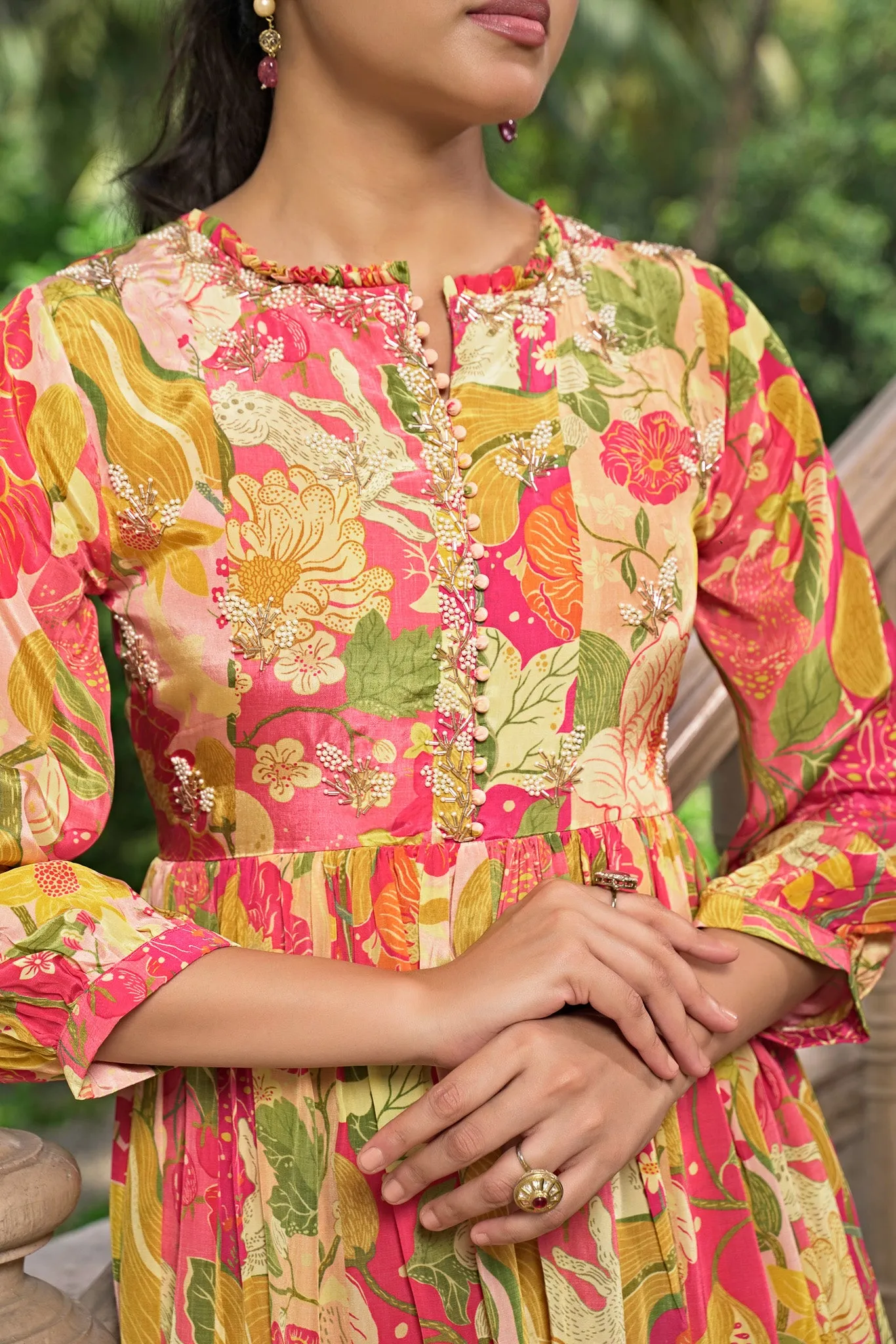 Printed Kurta Set with Ruffle Collar and Hand Work