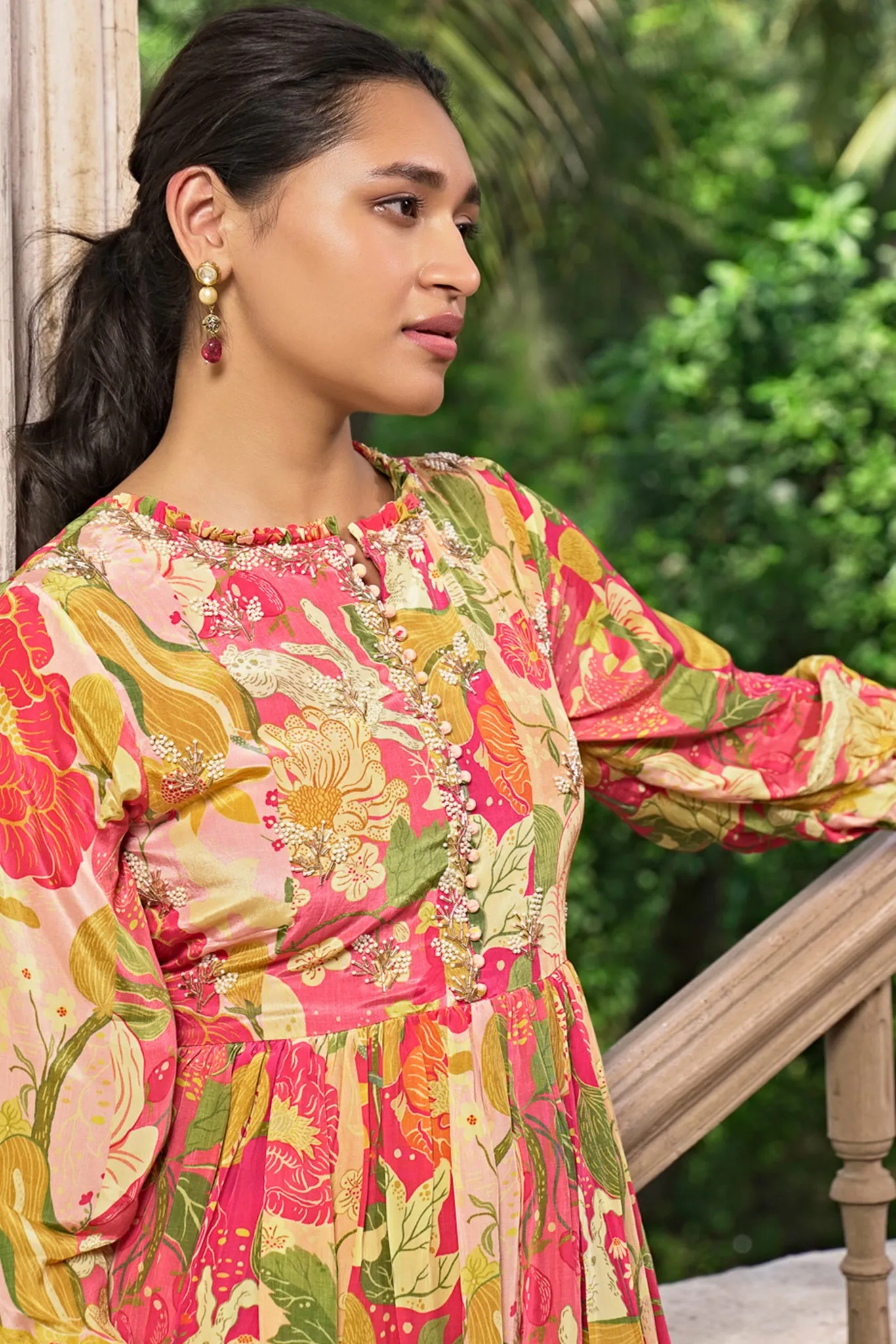 Printed Kurta Set with Ruffle Collar and Hand Work