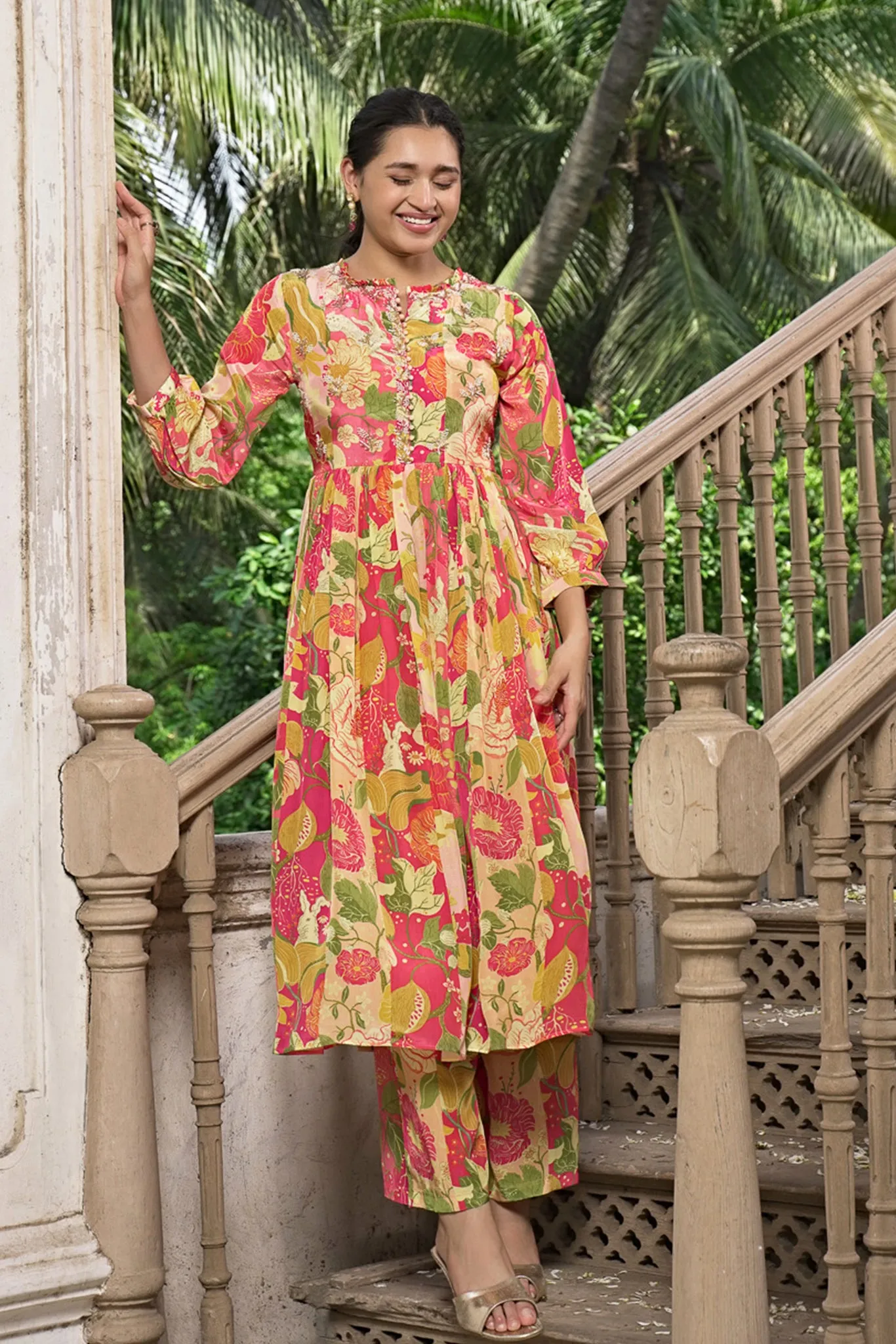 Printed Kurta Set with Ruffle Collar and Hand Work