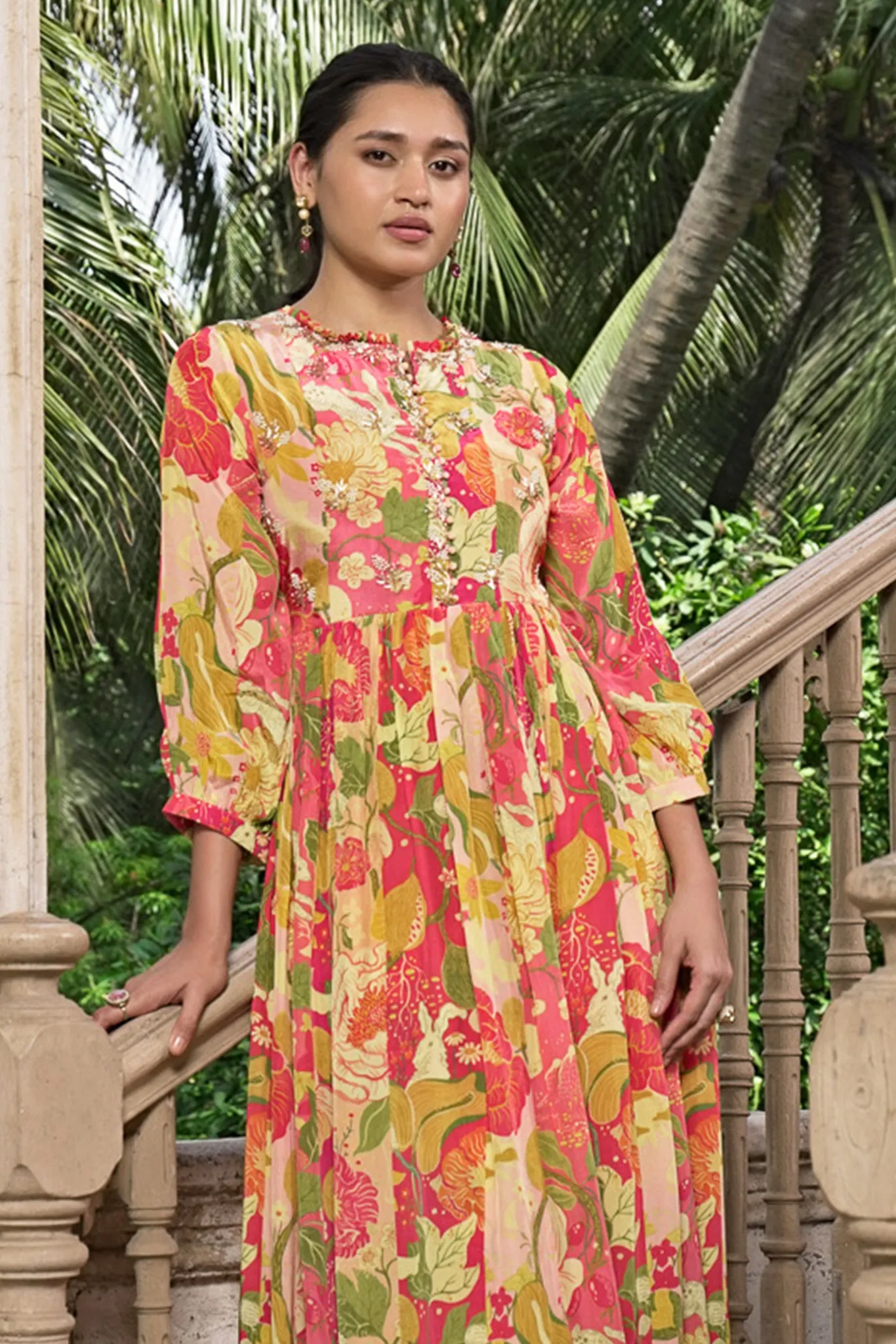 Printed Kurta Set with Ruffle Collar and Hand Work