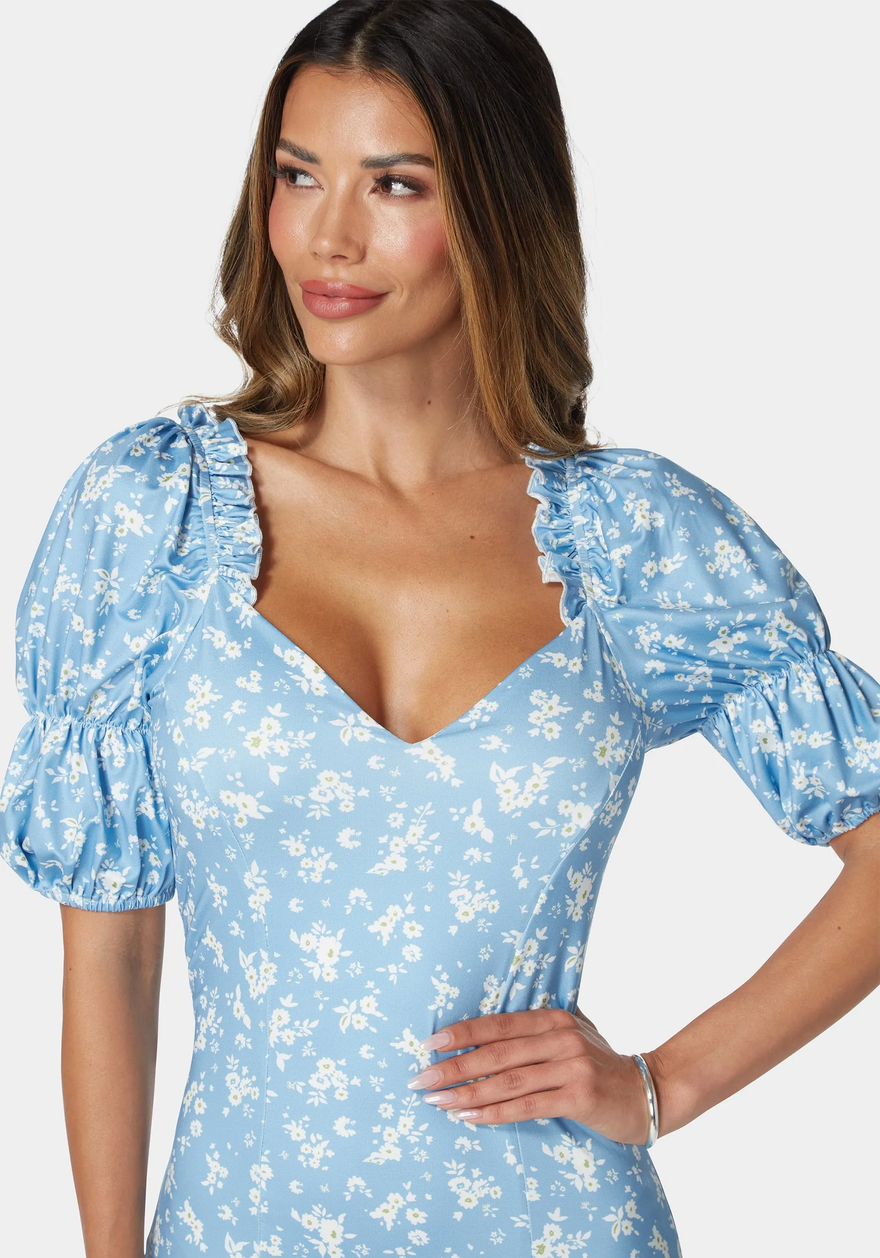 Printed Puff Sleeve Plunge Neck Dress