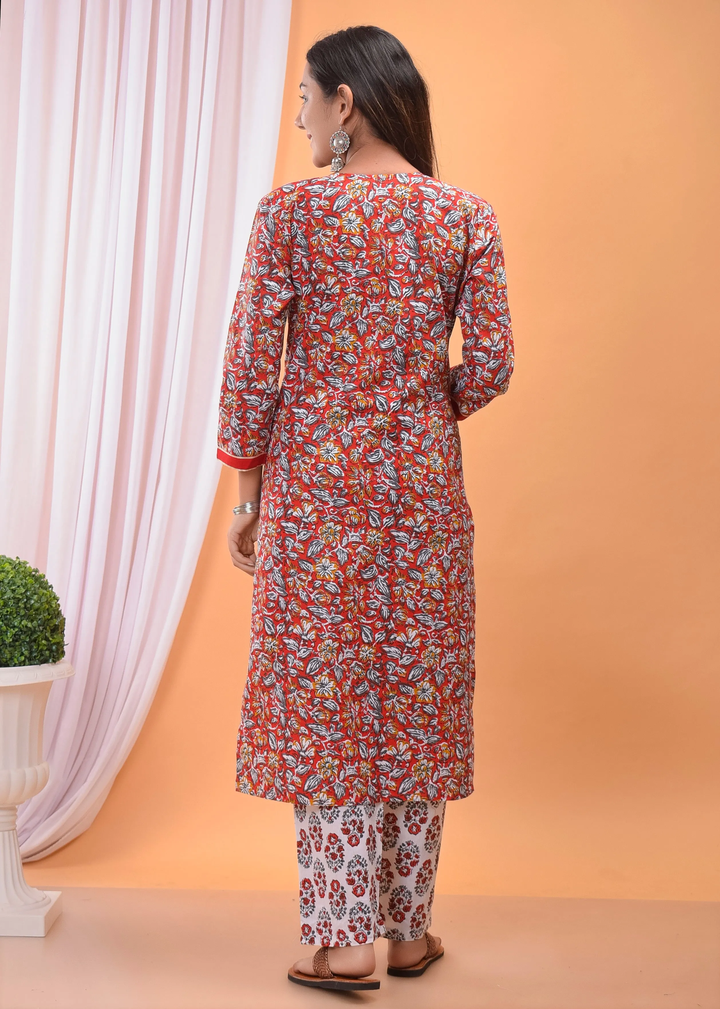 Printed Red Cotton Kurta and Palazzo Set