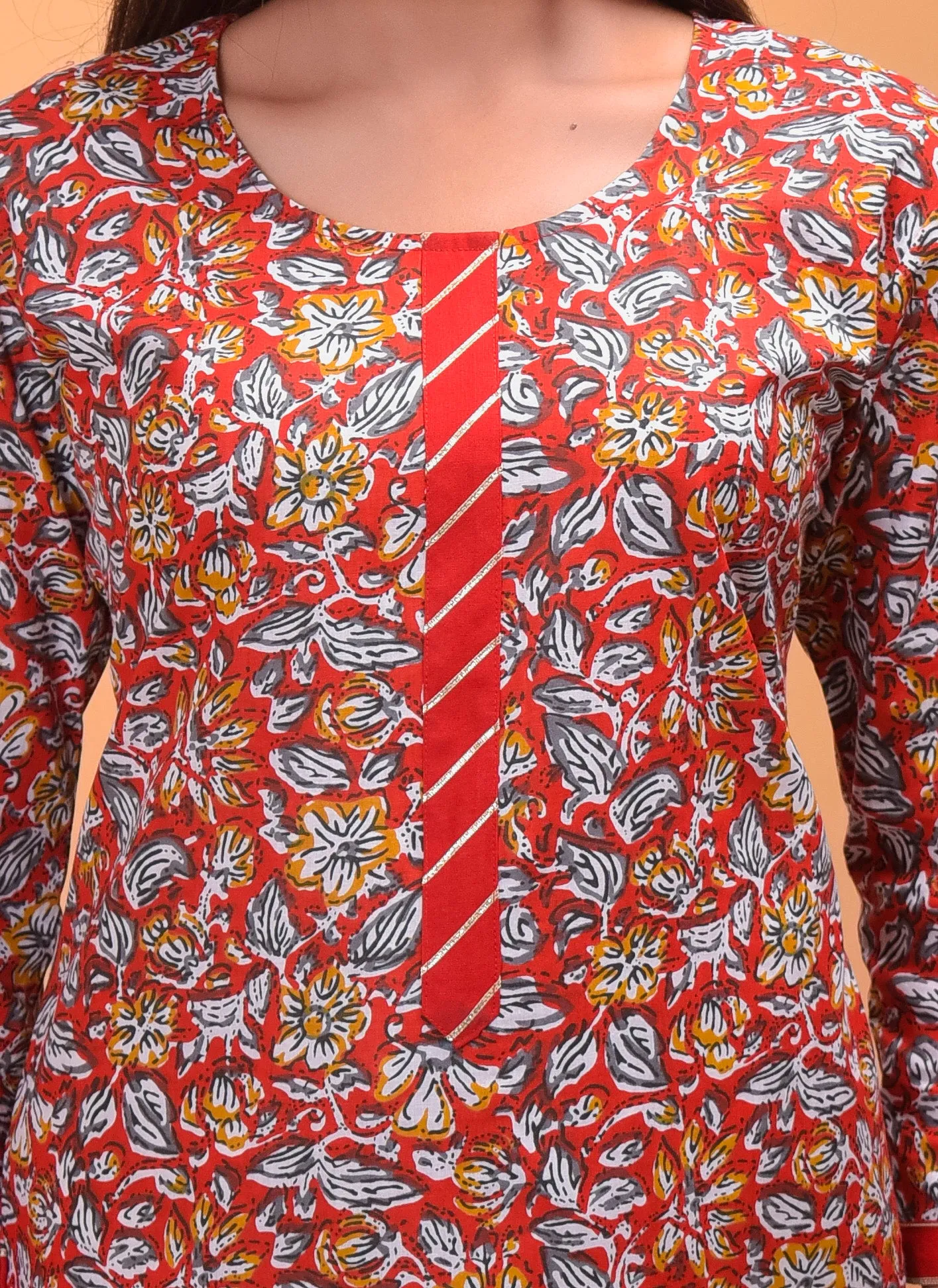 Printed Red Cotton Kurta and Palazzo Set