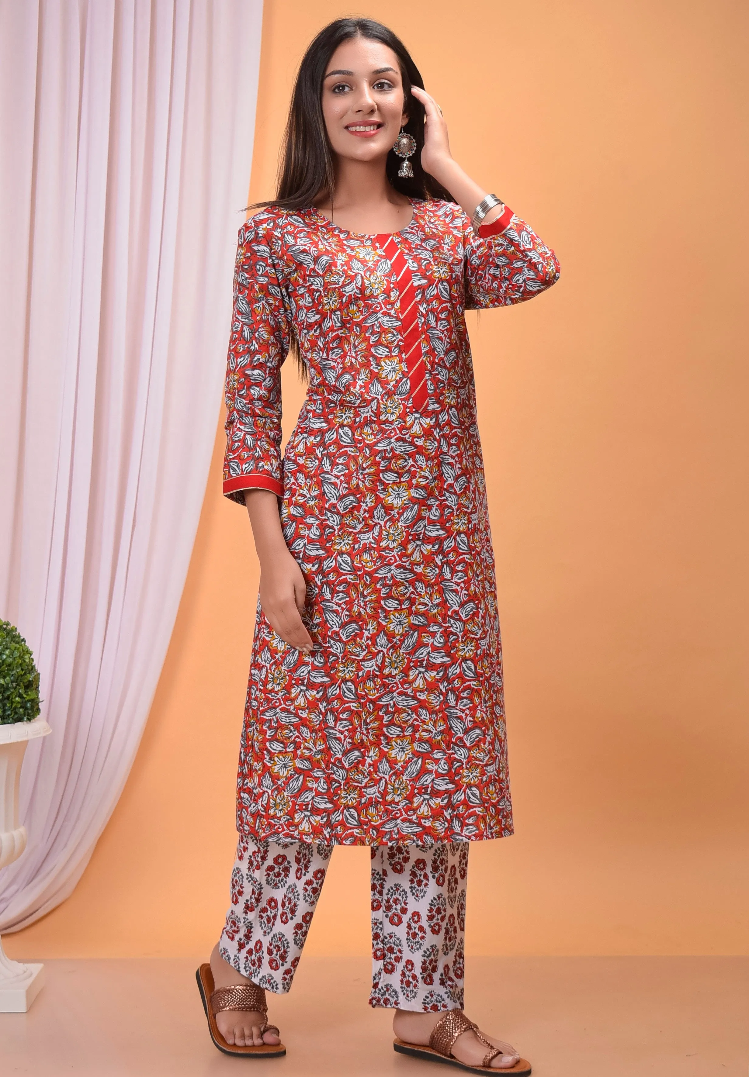 Printed Red Cotton Kurta and Palazzo Set