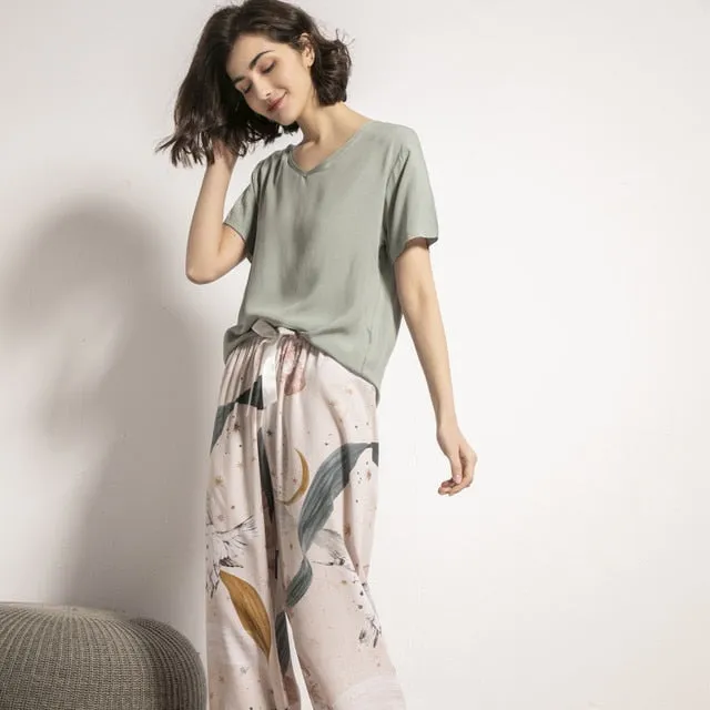 Printed Short Sleeve Pajama Set - Breathable Fabric