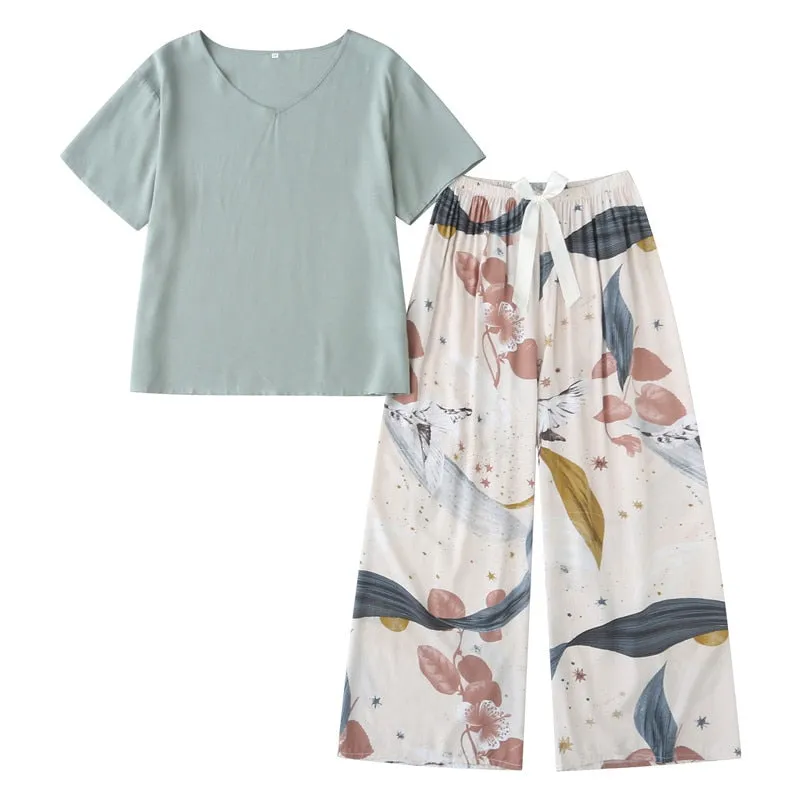 Printed Short Sleeve Pajama Set - Breathable Fabric