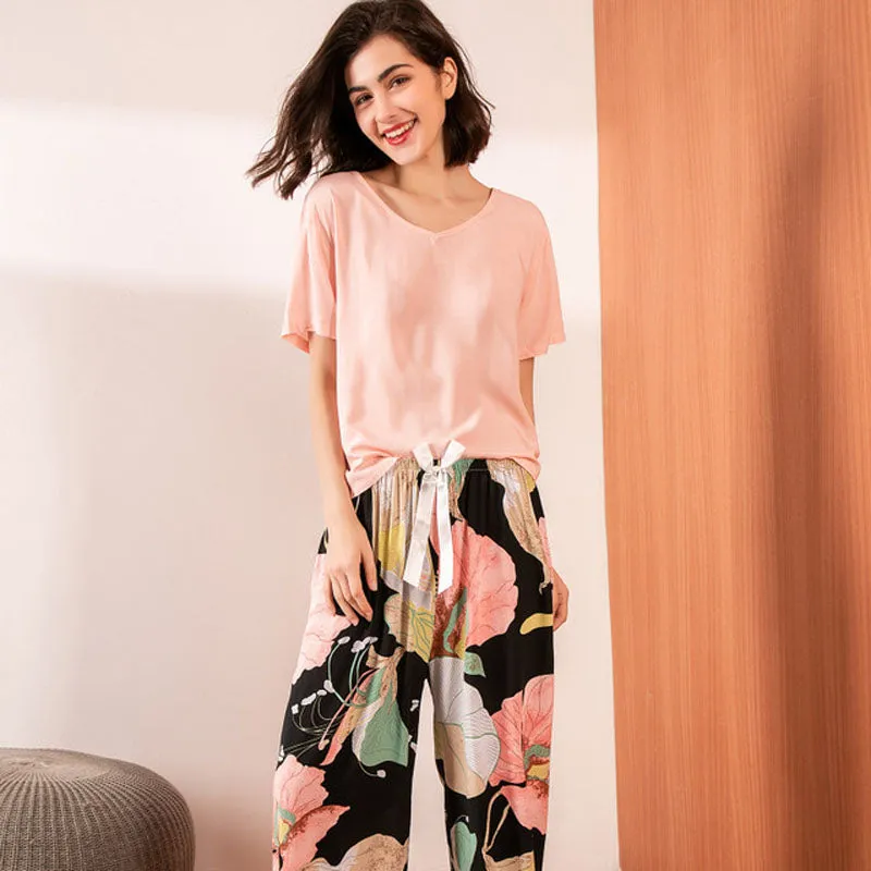 Printed Short Sleeve Pajama Set - Breathable Fabric