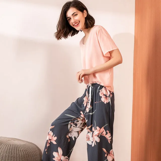 Printed Short Sleeve Pajama Set - Breathable Fabric