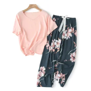 Printed Short Sleeve Pajama Set - Breathable Fabric