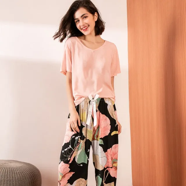 Printed Short Sleeve Pajama Set - Breathable Fabric