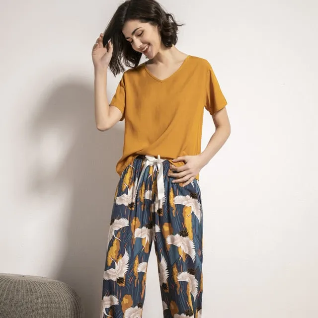 Printed Short Sleeve Pajama Set - Breathable Fabric
