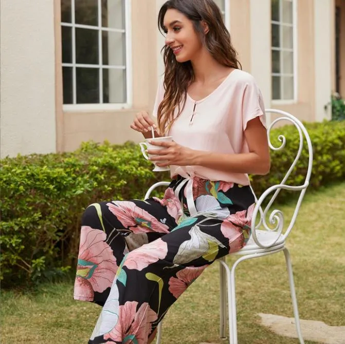 Printed Short Sleeve Pajama Set - Breathable Fabric