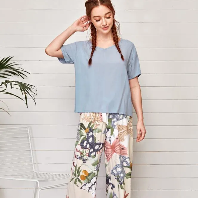 Printed Short Sleeve Pajama Set - Breathable Fabric