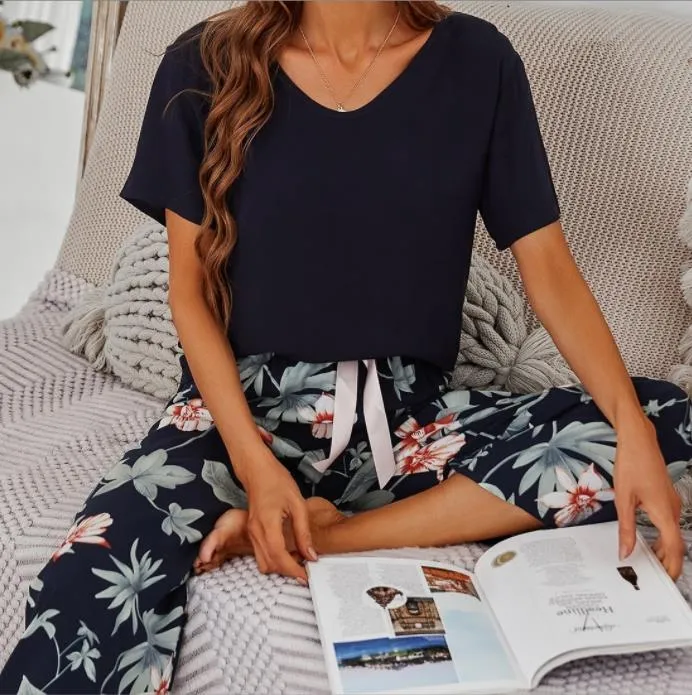 Printed Short Sleeve Pajama Set - Breathable Fabric