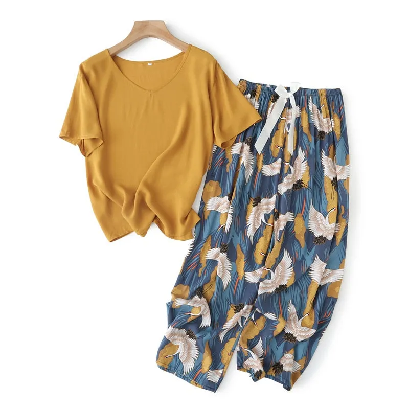 Printed Short Sleeve Pajama Set - Breathable Fabric