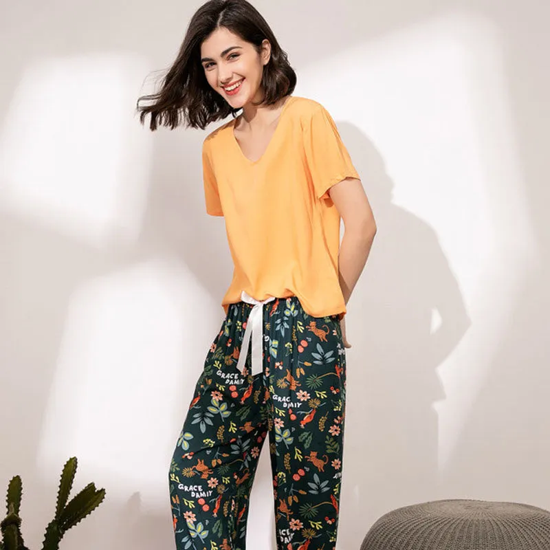 Printed Short Sleeve Pajama Set - Breathable Fabric