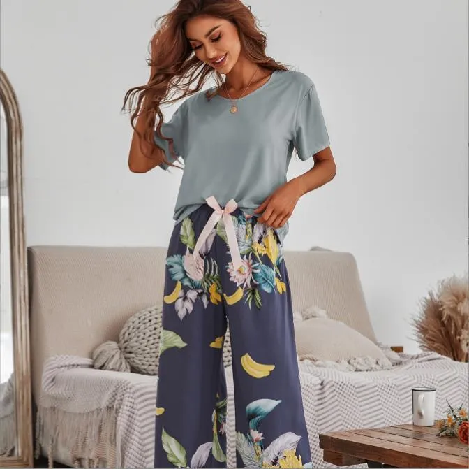 Printed Short Sleeve Pajama Set - Breathable Fabric
