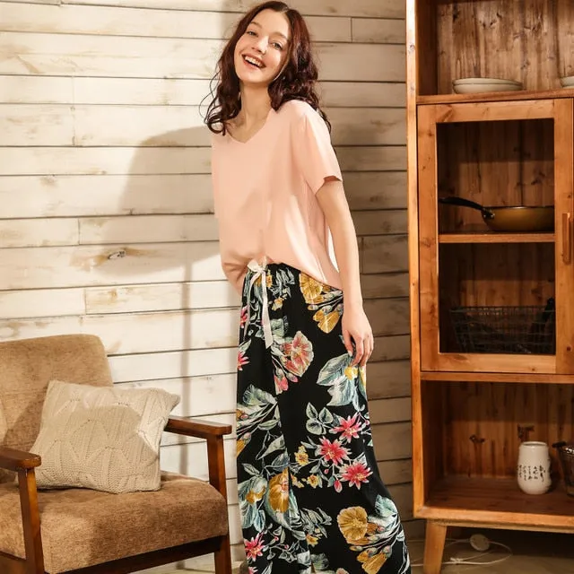 Printed Short Sleeve Pajama Set - Breathable Fabric