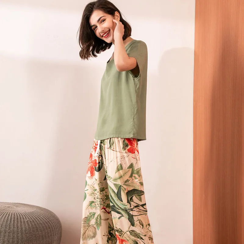 Printed Short Sleeve Pajama Set - Breathable Fabric