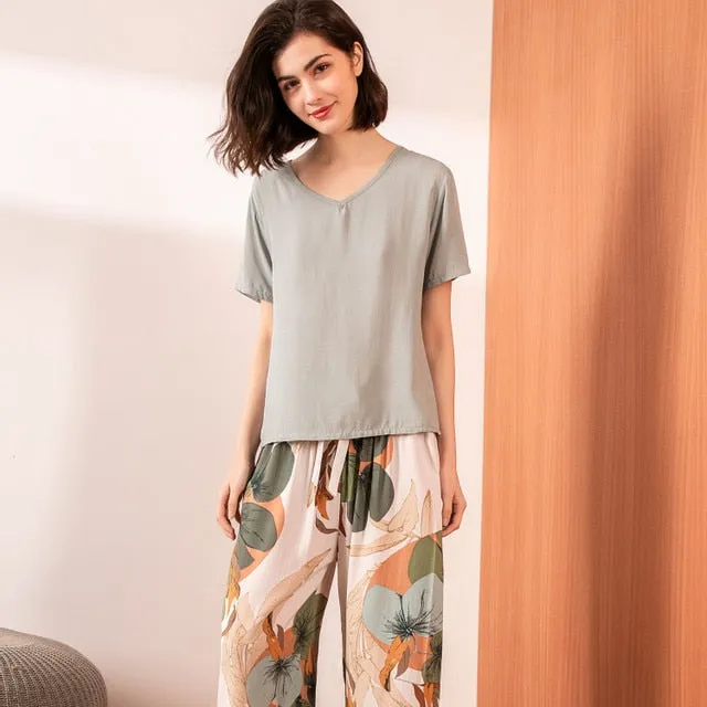 Printed Short Sleeve Pajama Set - Breathable Fabric