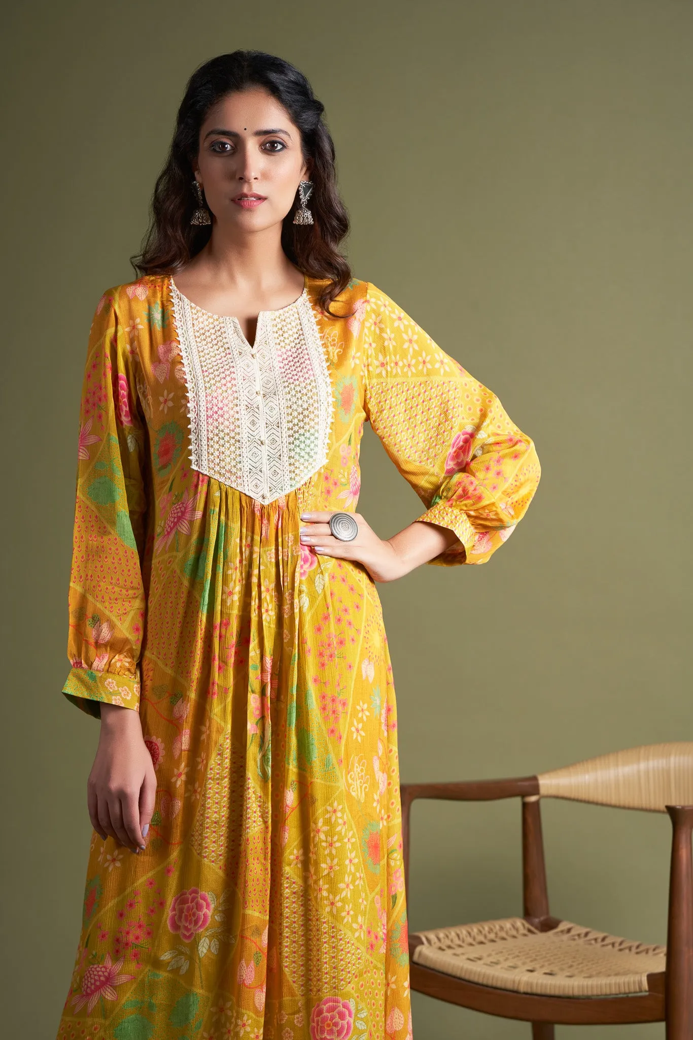 Printed Yellow Chinon Chiffon Kurta with Pants