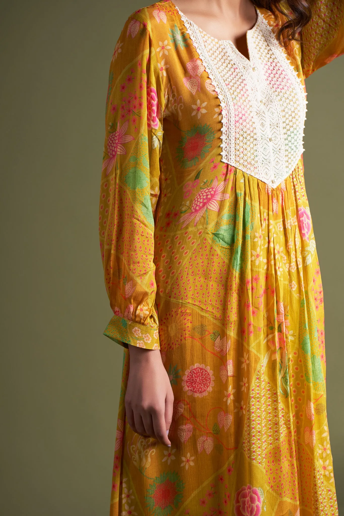 Printed Yellow Chinon Chiffon Kurta with Pants